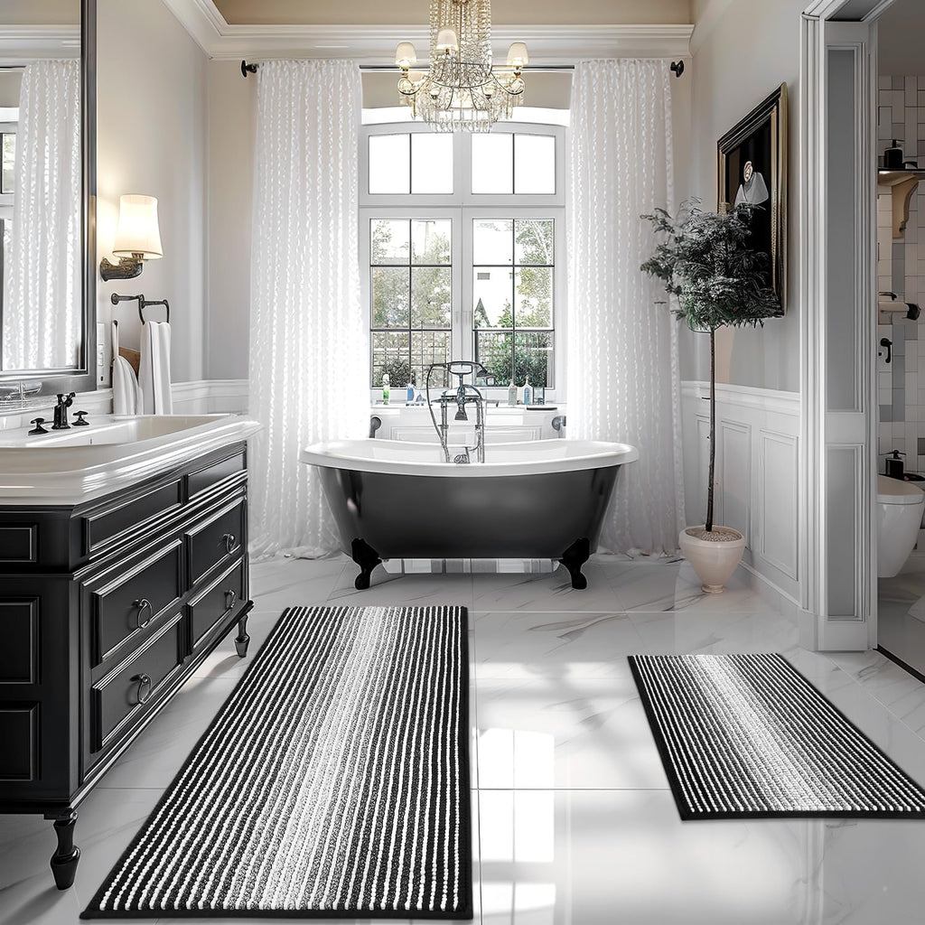 BSICPRO Bathroom Rugs and Mats Sets, 2 Piece Thick Absorbent Chenille Bath Mat Rug Set Non Slip, Soft Shaggy Bath Room Floor Mats for Bathroom, Machine Washable (Black, 20" x 47" Plus 20" x 32")