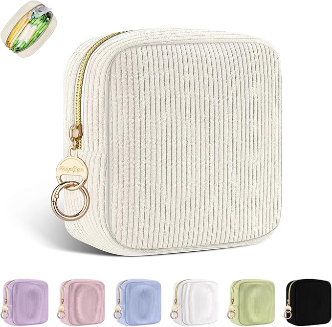 Playexen Period Bag for Purse, Corduroy Sanitary Napkin Storage Bag, Beige