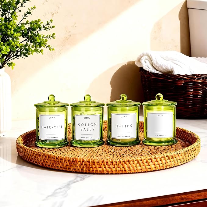 4 Pack Bathroom Organizers and Storage - 16 Oz Glass Qtip Holder & Cotton Pad Dispenser with Lid, Apothecary Jars for Home, Room Decor, Kitchen Organizer (Green)