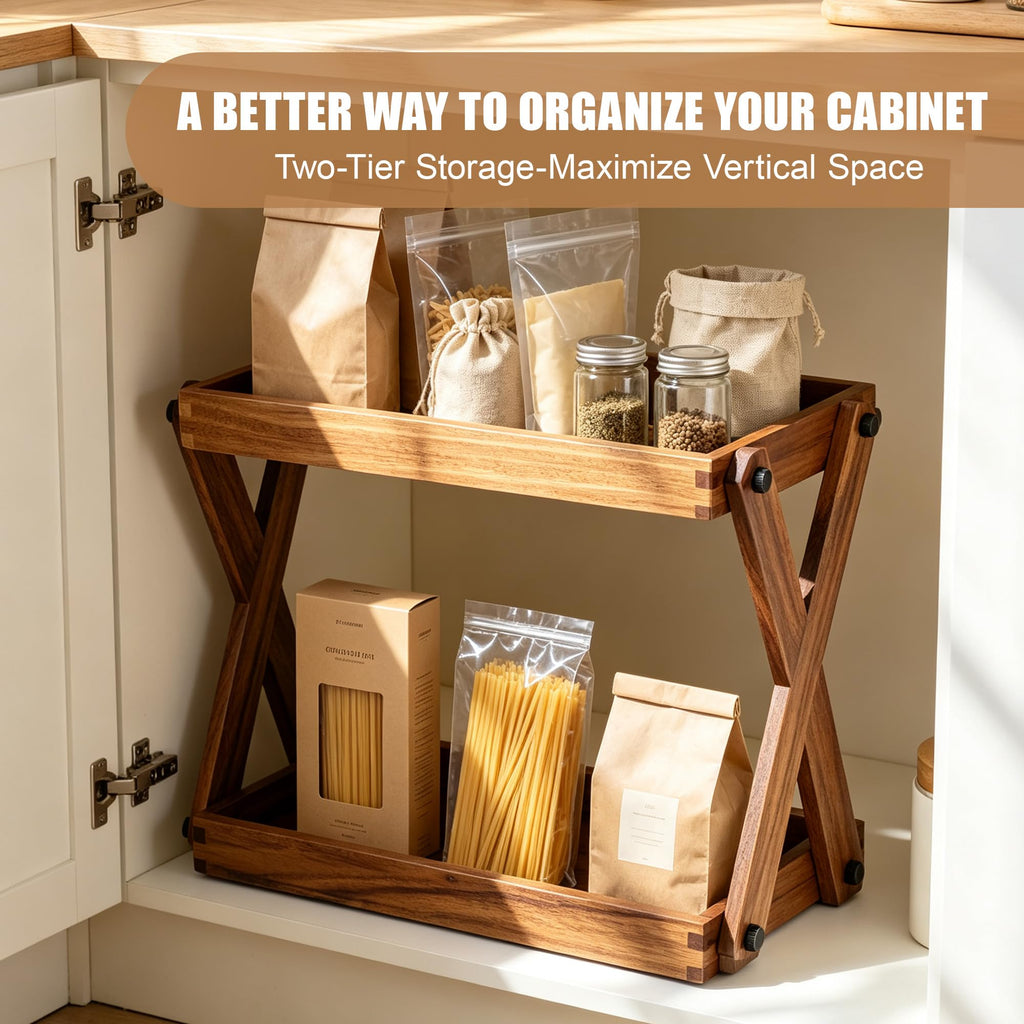 2 Tier Wood Countertop Organizer Shelf for Kitchen Bathroom Spice Storage
