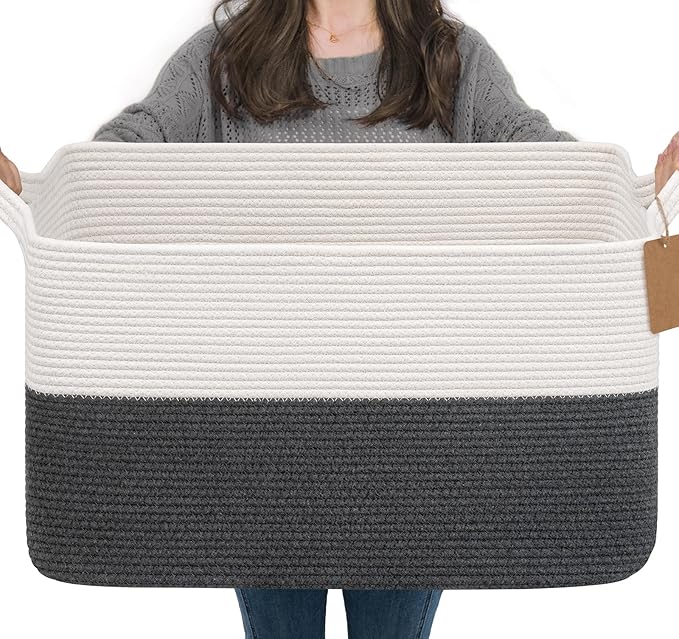 Goodpick Extra Large Woven Rope Storage Basket, Rectangle, Light Gray
