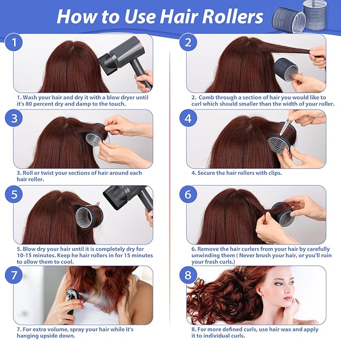 Jumbo Hair Curlers Set - 24 Large Rollers with 12 Rollers and 12 Clips for Long, Thick Volume (Blue)