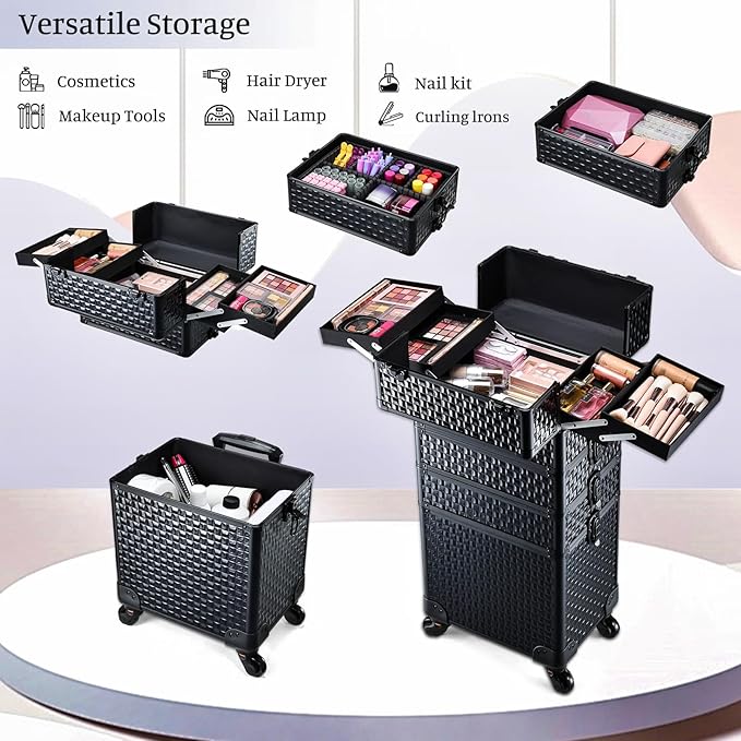 Adazzo 4 in 1 Rolling Makeup Trolley Train Case Cosmetic Suitcase Nail Tech Box for Makeup Artist, Hairstylists, Nail Tech Case with with Keys Swivel Wheels Traveling Trunk (Shiny Brick)