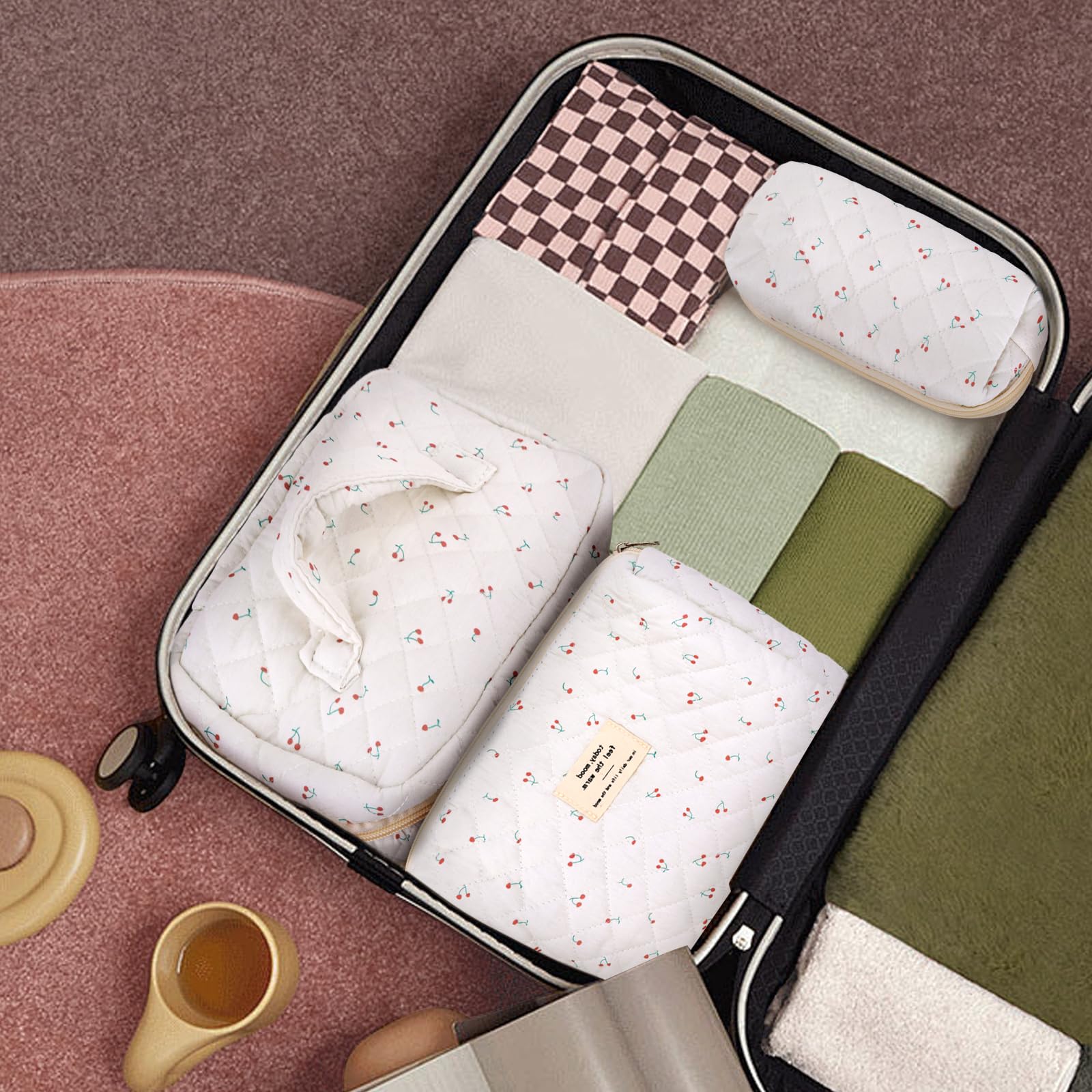 GISMTR 3Pcs Cotton Quilted Makeup Bag Large Travel Cosmetic Bag Coquette Makeup Pouch Cute Aesthetic Floral Toiletry Bag for Women Girls (cherry-B)