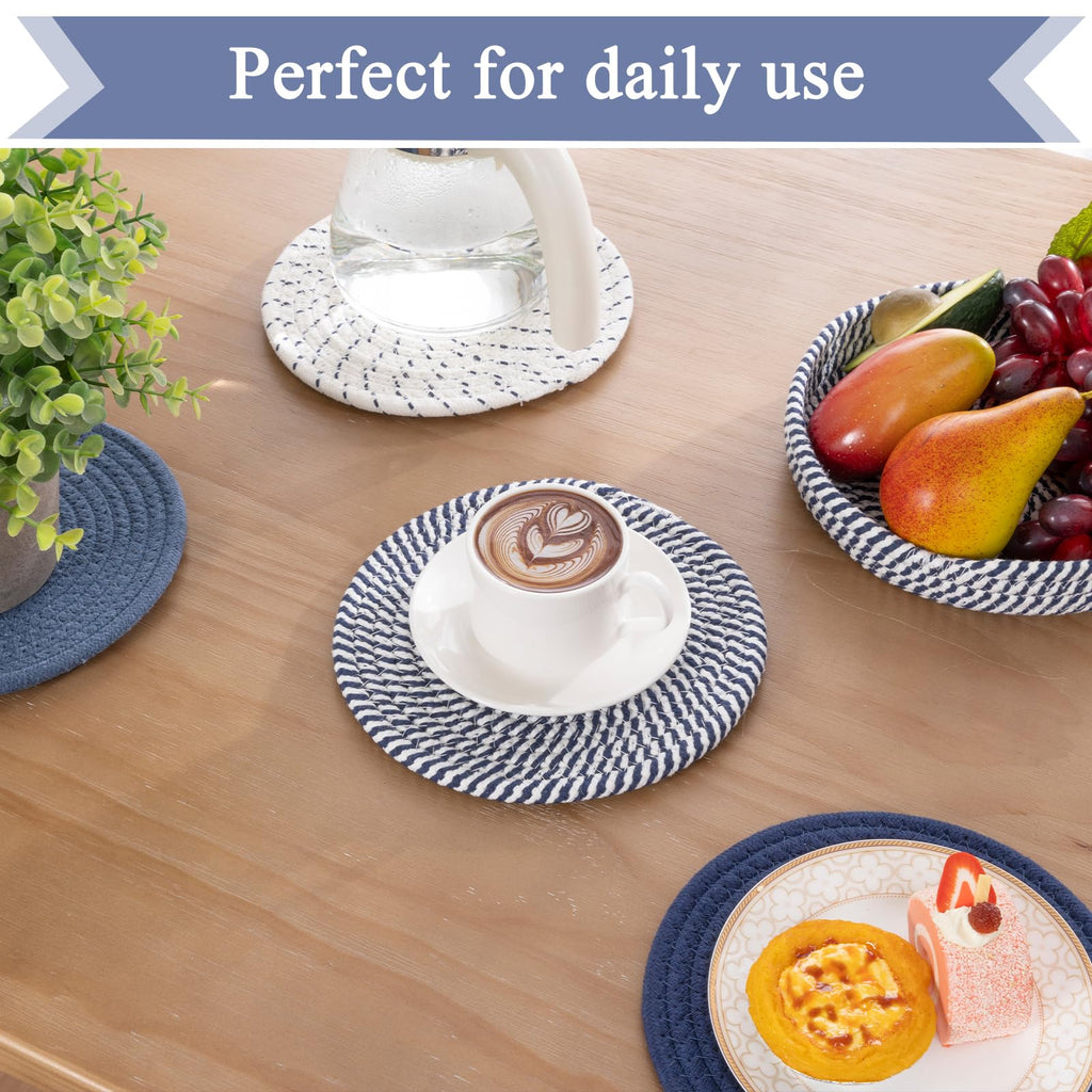 SHACOS 8 Inches Trivets for Hot Dishes, 4 Pieces Cotton Trivets Mats for Kitchen with Storage Basket, Hot Pads for Countertops and Table, Heat-Resistant Pot Holders for Hot Pots and Pans