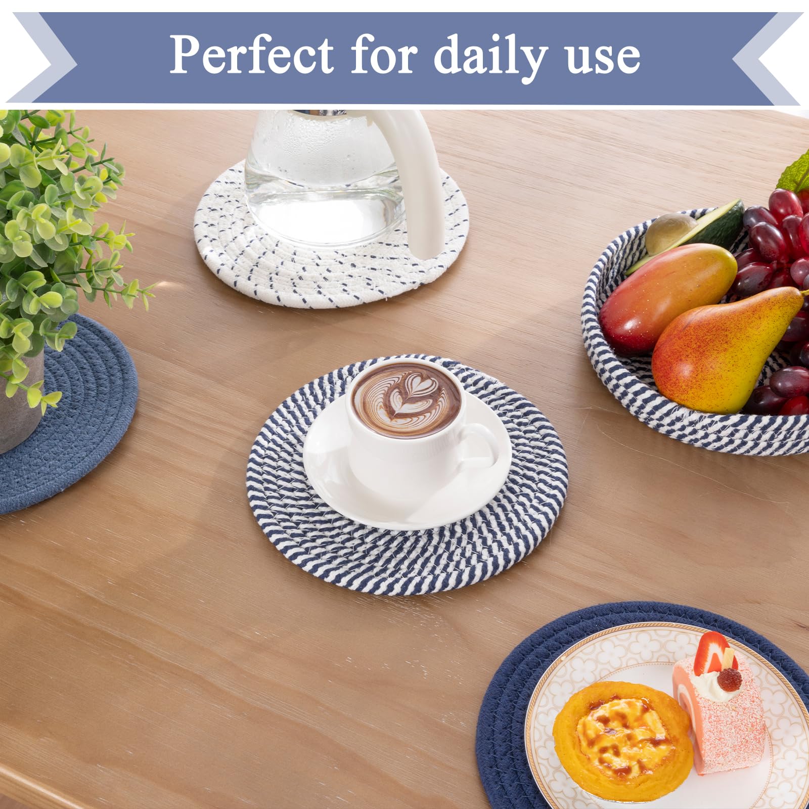 SHACOS 8 Inches Trivets for Hot Dishes, 4 Pieces Cotton Trivets Mats for Kitchen with Storage Basket, Hot Pads for Countertops and Table, Heat-Resistant Pot Holders for Hot Pots and Pans