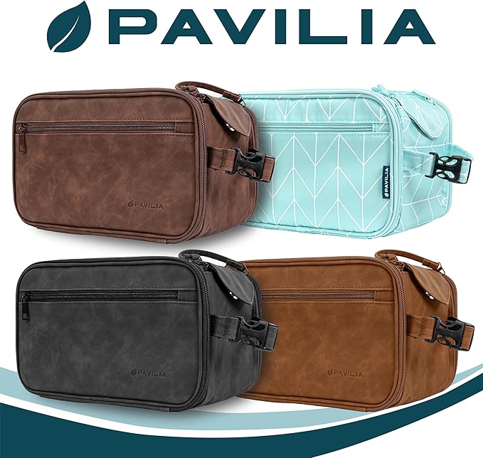 PAVILIA Toiletry Bag for Men, Hanging Travel Dopp Kit Organizer, PU Leather Water Resistant Bathroom Bag for Shaving Grooming, Large Capacity Cosmetic Bag Travel Essentials, Black