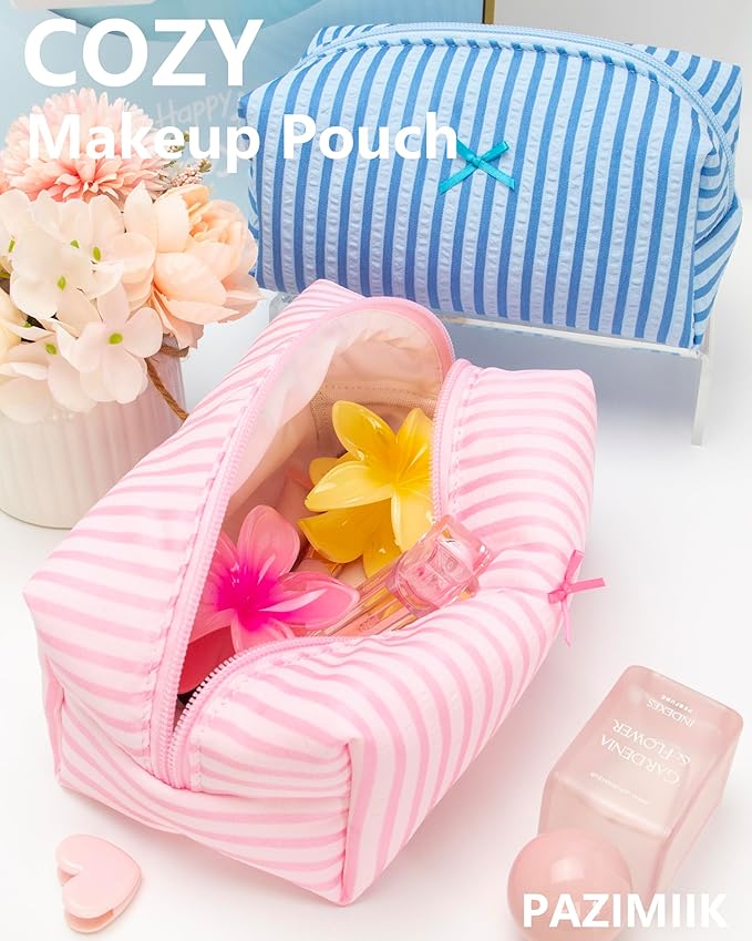 Cozy Makeup Bag for Women,Zipper Cosmetic Pouch,Stripe Cute Pink,6 Pack