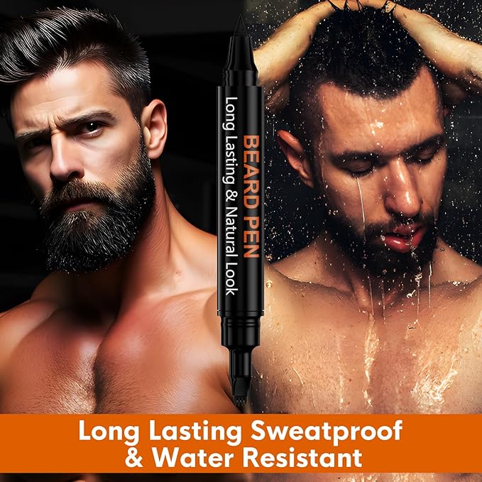 3-Pack Beard Pen Filler for Men, Waterproof & Sweat Proof Long-Lasting Beard Pen Kit with 2 Fillers & 1 Double-Headed Brush – Effectively Enhances Facial Hair (Black)
