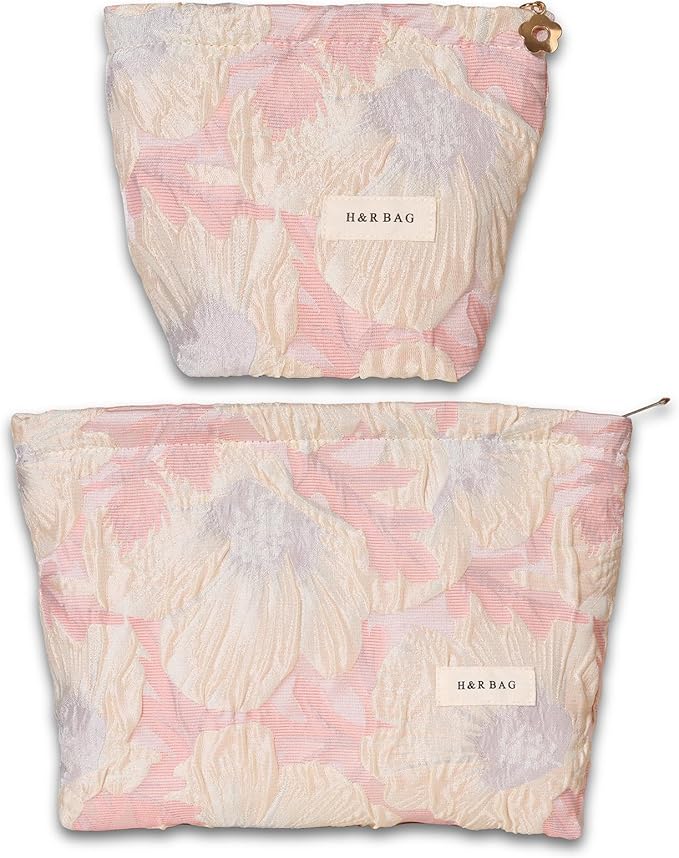 BOCGRPU 2 PCS Makeup Bag Small Cute Makeup Pouch Floral Cosmetic Bag for Women，Soft Toiletry Bag Pouch for Purse, Stereoscopic Emboss Craft Makeup Bag with Zipper（ Relief Pink Flower）