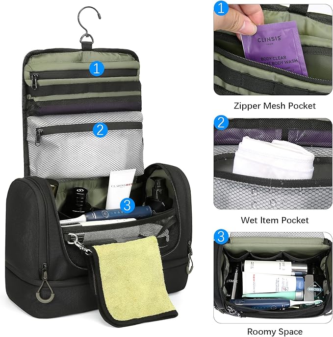 Toiletry Bag for Men, Handing Travel Toiletry Organizer Protable Water Ressistant Bathroom Shaving Bags for Toiletry Accessories, Travel Essentials, Black(Empty Bag)