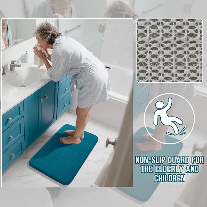 Yimobra U-Shaped Toilet Bath Mat Set 2 Piece - Soft Absorbent Quick Dry Memory Foam Bathroom Rugs, Machine Washable Non Slip Floor Carpet for Tub Shower & Single Sink (17x24 & 24x20, Peacock Blue)
