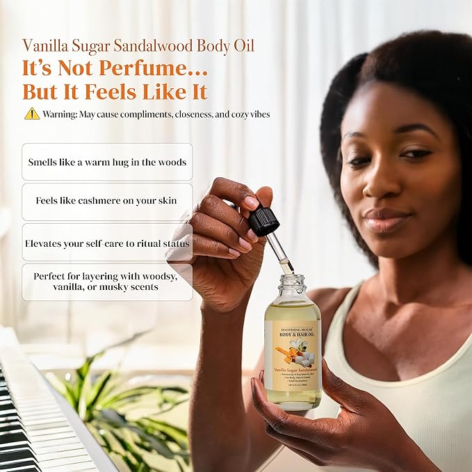 Soothing House Vanilla Sugar Sandalwood Body & Hair Oil – Inspired Warm Gourmand Scent – Hydrating & Nourishing Oil for Skin, Hair & Cuticles – Lightweight, Fast-Absorbing, 4 fl oz