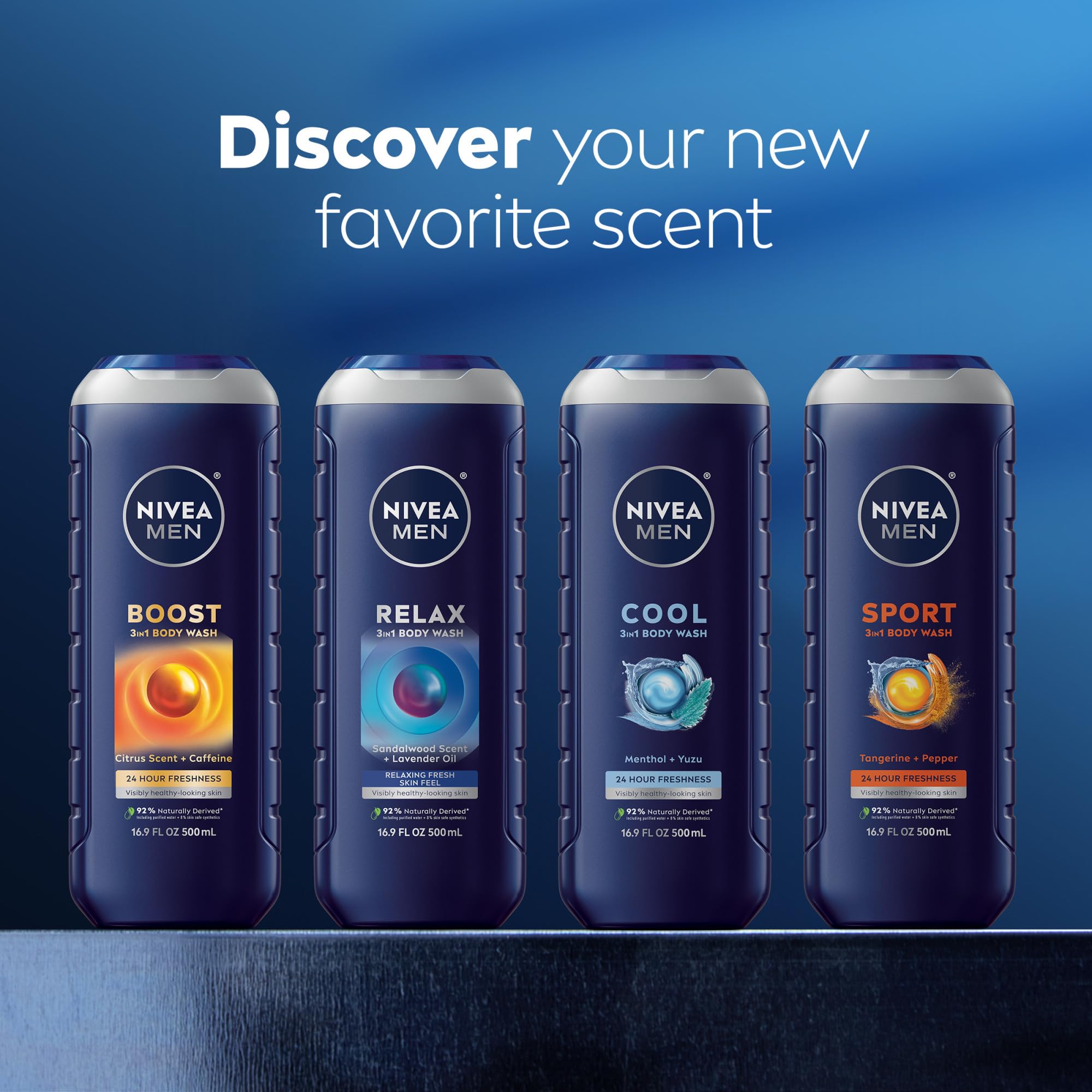 NIVEA MEN Boost Body Wash, Citrus Scent and Caffeine Enriched, 3-in-1 Men's Body Wash, Face and Hair, Paraben Free, Vegan Formula, 16.9 Fl Oz Bottle, Pack of 3