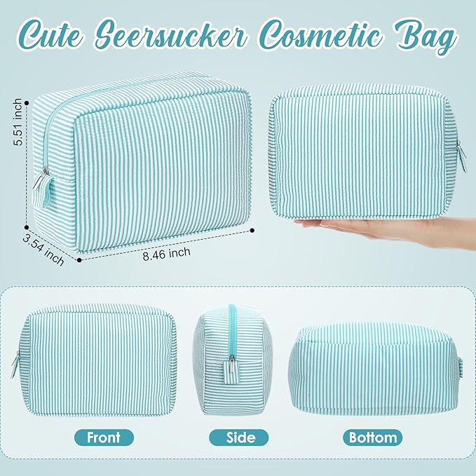 Sanwuta 6 Seersucker Cosmetic Bag Bulk Striped Makeup Bag for Women Aesthetic Cute Travel Toiletry Organizer Preppy Storage Pouch for Wedding Bridesmaid Mother's Day Teacher Gift (Large,Mint Blue)