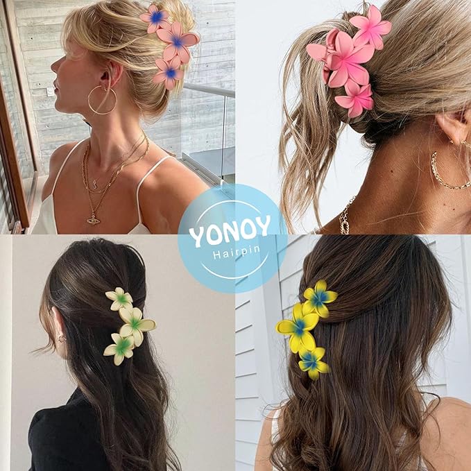 YONOY 6Pcs Flower Hair Clips for Women,Non-Slip Matte Flower Hair Clips for Women,Hawaiian Hair Flower Clip Large Plumeria Strong Hold Hair Claws Banana Cute Clip Beach Hair Accessories