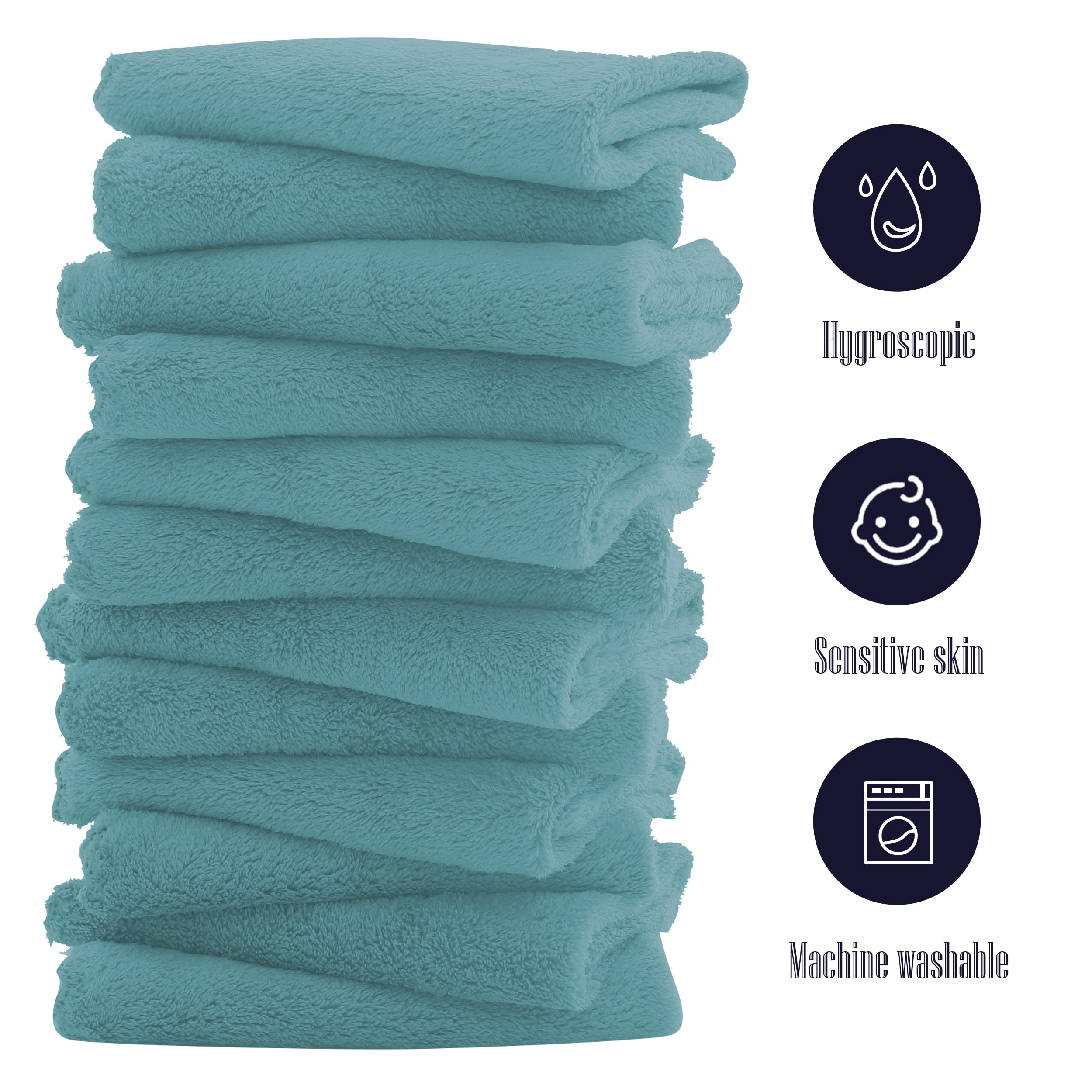 16 Pack Baby Washcloths - Luxury Coral Fleece - Extra Absorbent and Soft Wash Clothes for Newborns, Infants and Toddlers - Suitable for Sensitive Skin and New Born - Baby Shower - Teal, 10x10 Inch