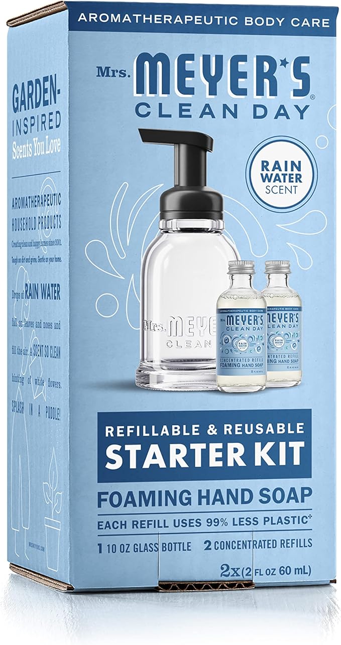 MRS. MEYER'S CLEAN DAY Foaming Hand Soap Dispenser & Concentrate Starter Kit,1 Glass Dispenser (10 Fl. Oz.) & 2 Concentrated Refills (2 Fl.Oz. each),Rain Water, Makes 20 Fl. Oz. of Foaming Soap Total