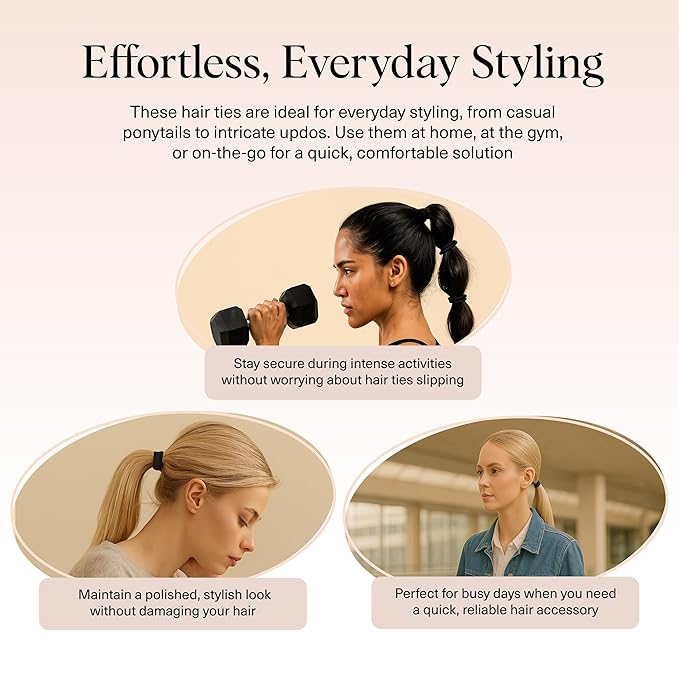 Kitsch Seamless Hair Ties No Damage - Stretchable Hair Bands for Strong All-Day Hold, Ponytail Holders | Hair Accessories for Girls - Black 8 Pcs