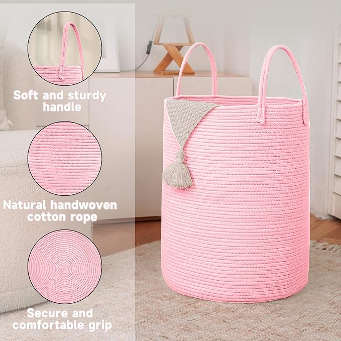 JMvicyroam Large Woven Laundry Basket Hamper,100L Cotton Rope Storage Bin for Blankets,Toys and Clothes,Decorative Tall Nursery Hamper for Living Room,Baby Nursery,Bathroom and Bedroom,Pink