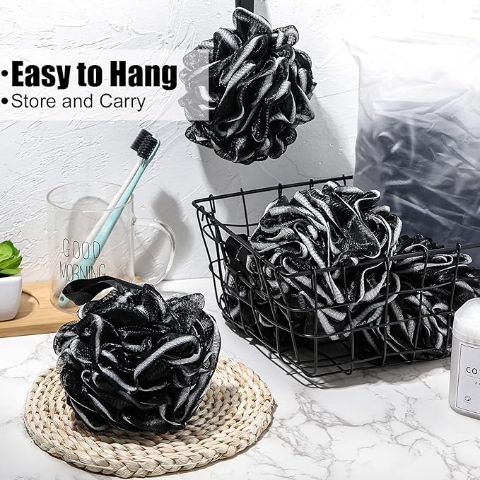Shellwei 32 Pcs Bath Loofahs Sponge Shower Bulk 60 g for Men Black Large Charcoal Body Scrubber Mesh Shower Puff White Soft Exfoliating Pouf Balls for Women Bathing Accessories