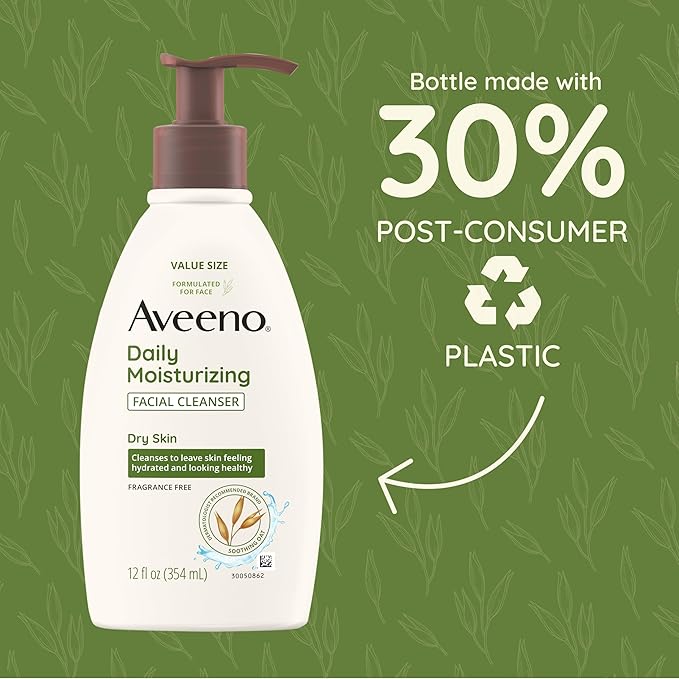 Aveeno Daily Moisturizing Facial Cleanser for Dry Skin,Gentle Face Cleanser with Soothing Oat for Skin that Feels Soft & Supple,Removes Dirt,Oil and Impurities,Fragrance Free,12 FL OZ,(Pack of 2)