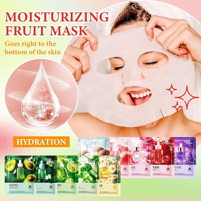 10 Pack Variety Facial Sheet Masks Skin Care Set, Hydrating Bulk Sheet Face Masks Skincare Gifts Set for Women Men, Long Lasting Moisturizing Face Mask Skincare for All Skin Type（12