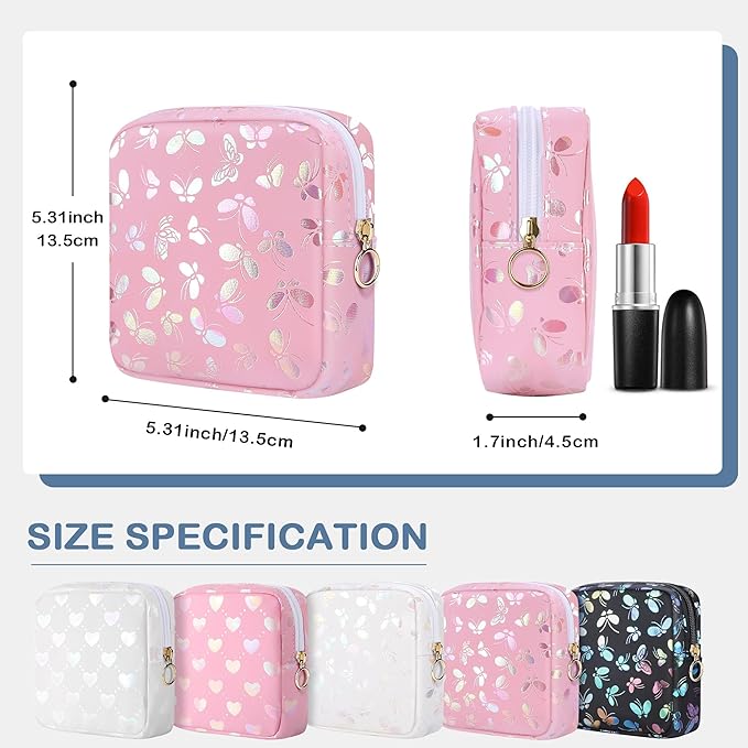 Likesing Period Bag Pouch, Leather Sanitary Napkin Storage Bag for Girls Womens, Portable Sanitary Napkin Period Pad Pouch Bag for Purse, Small Make Up Bags(Pink Butterflies)