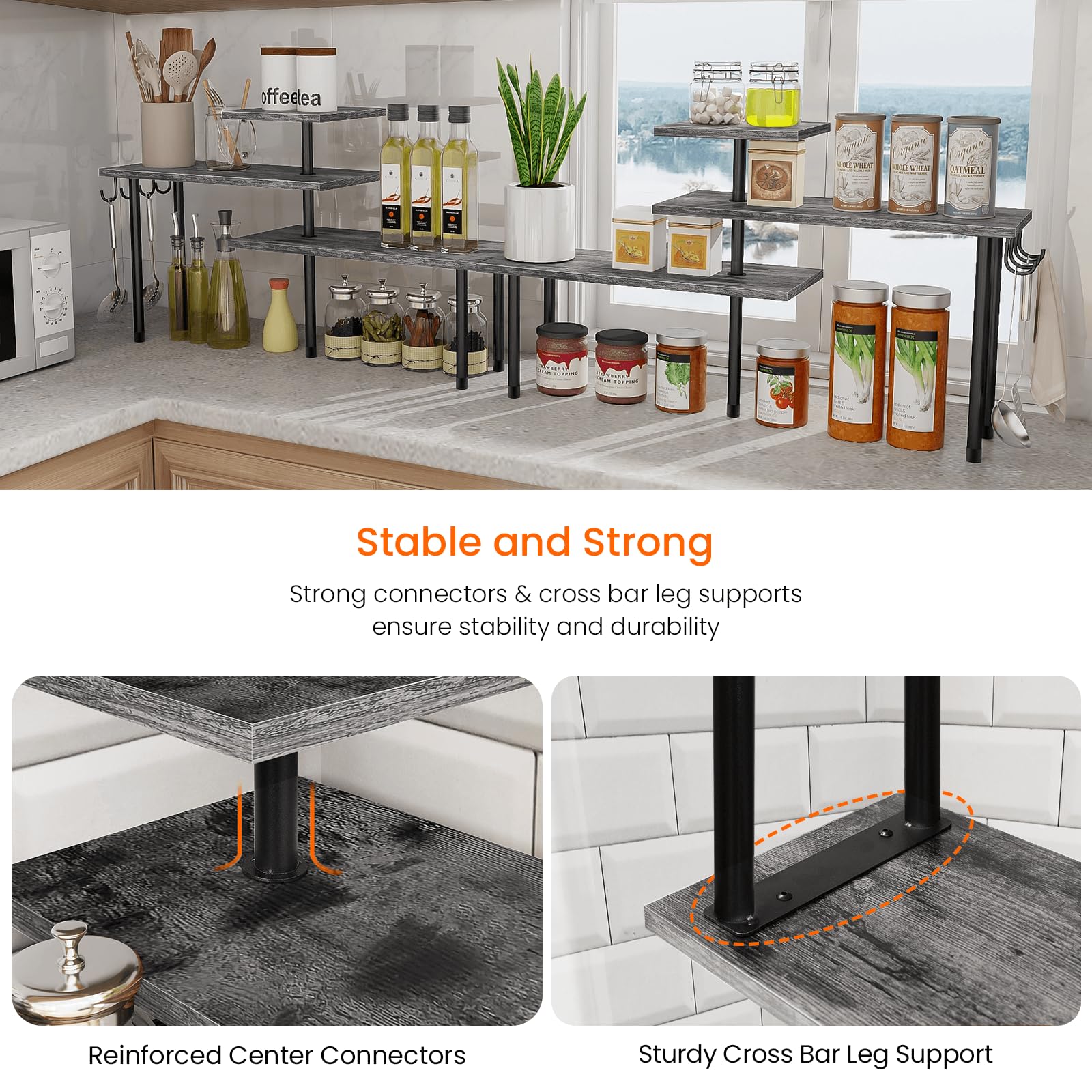 Homode Kitchen Countertop Organizer, 3 Tier Corner Shelf Bathroom Counter Organizer, Wooden Counter Shelf Stand Space Saver, Easy Assembly, Rustic Grey