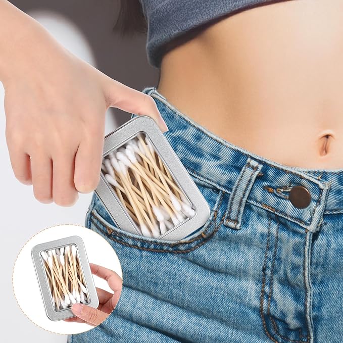 FNANJWQ 4Pcs Travel Cotton Swab Holder, Portable Floss Pick Holder, Metal Cotton Ball Holders for Dental Floss, Clear Dustproof Travel Qtips Case with Lid, Hair Ties Small Items