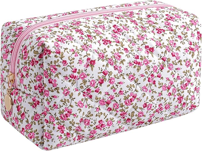 HHQQWZ Makeup Bag Travel Cosmetic Bag for Women Girls, Zipper Make Up Pouch, Floral Flowers Toiletry Organizer Makeup, Portable Storage Cosmetic Travel Cloth Bag (Red-Floral)