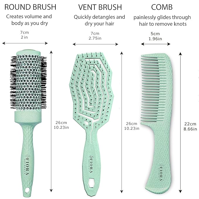 Fiora Naturals Hair Brush Set - Detangler, Round Brush, and Comb for Women - Brushes for All Hair Types including Natural, Fine & Curly - Ideal for Detangling and Blow Drying