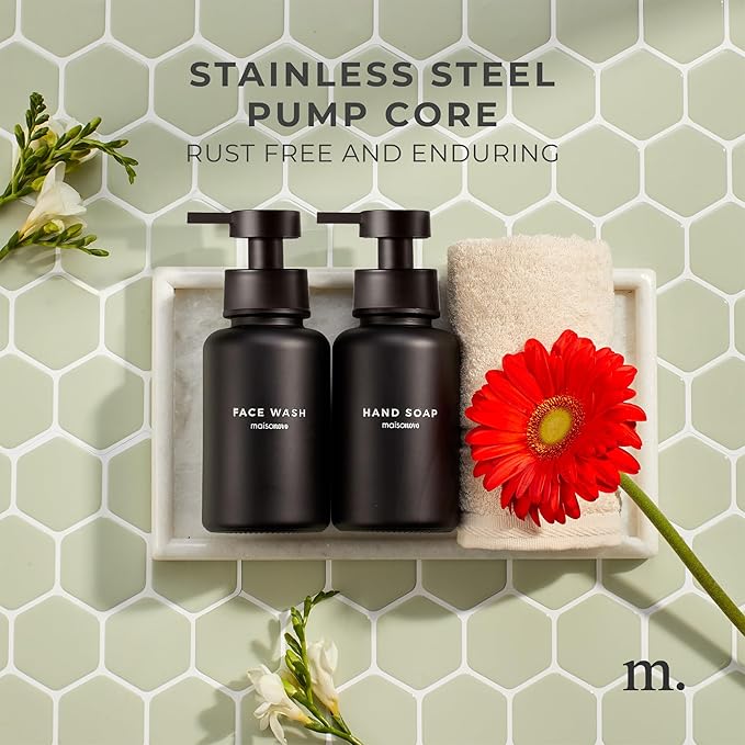 MaisoNovo Glass Foaming Soap Dispenser 14 Oz | Glass Bottles Pumps x 2 Black with Tray