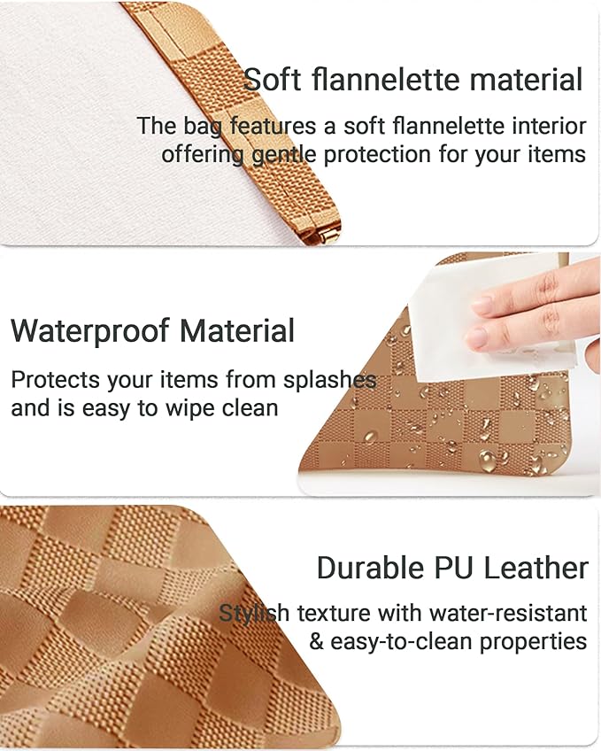 MXXUUOOM 2 Pack Small Makeup Bag for Purse Leather Cosmetic Pouch Organizer, Snap Closure Checkered Makeup Bag, Mini Lipstick Coin Pouch, Travel Makeup Organizer for Women(Brown)
