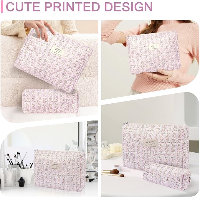Gosect 2PC Makeup Bag Set, Cute Cosmetic Bag for Women Girls, Floral Coquette Aesthetic Toiletry Bag, Travel Make Up Organizer Bag (Leopard Print)