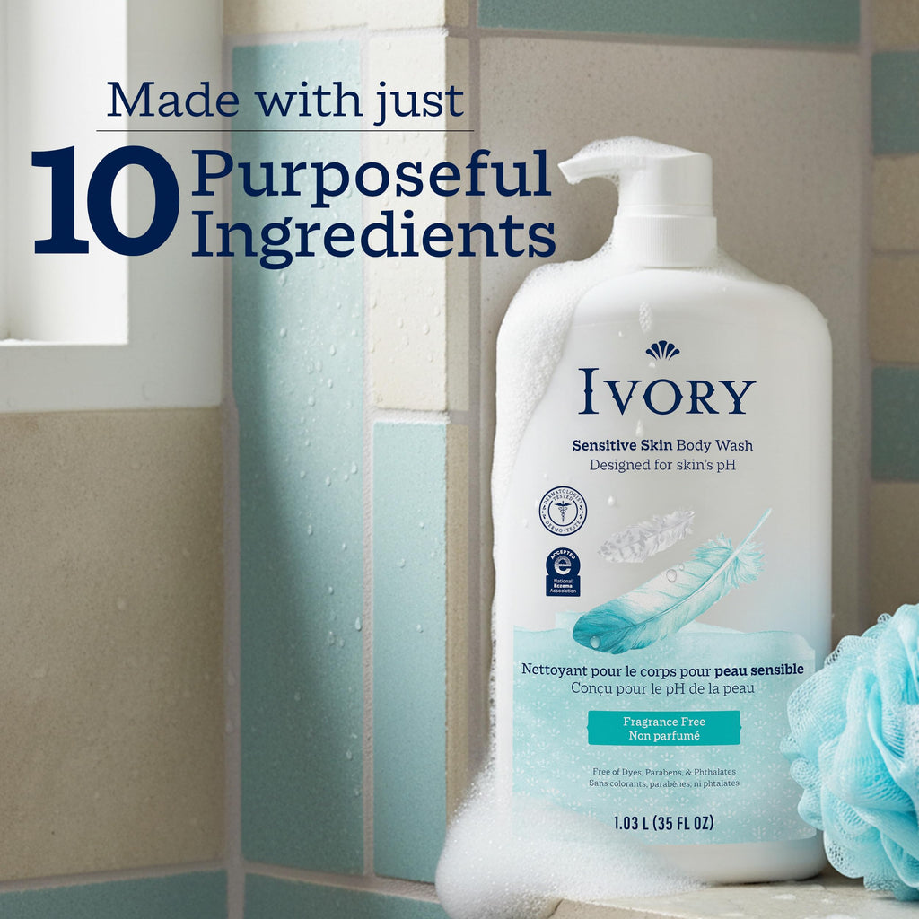 Ivory Sensitive Body Wash, Fragrance-Free, Designed for the Whole Family, Gentle Formula, Free of Dyes Heavy Perfumes Parabens Phthalates & Silicones, Designed for Skin's pH, 35 oz