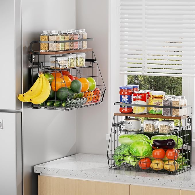 Delamu Magnetic Shelf for Fridge with Wood Lid, 3 Tier Pull Out Fruit Basket, Magnetic Spice Rack Organizer for Refrigerator, Cabinet, Kitchen Counter, Laundry (2 Pack)