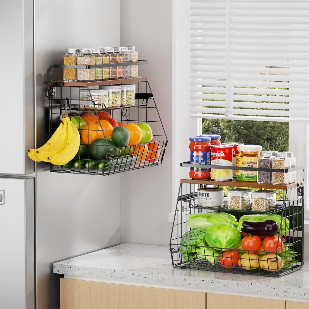 Delamu Magnetic Shelf for Fridge with Wood Lid, 3 Tier Pull Out Fruit Basket, Magnetic Spice Rack Organizer for Refrigerator, Cabinet, Kitchen Counter, Laundry (2 Pack)