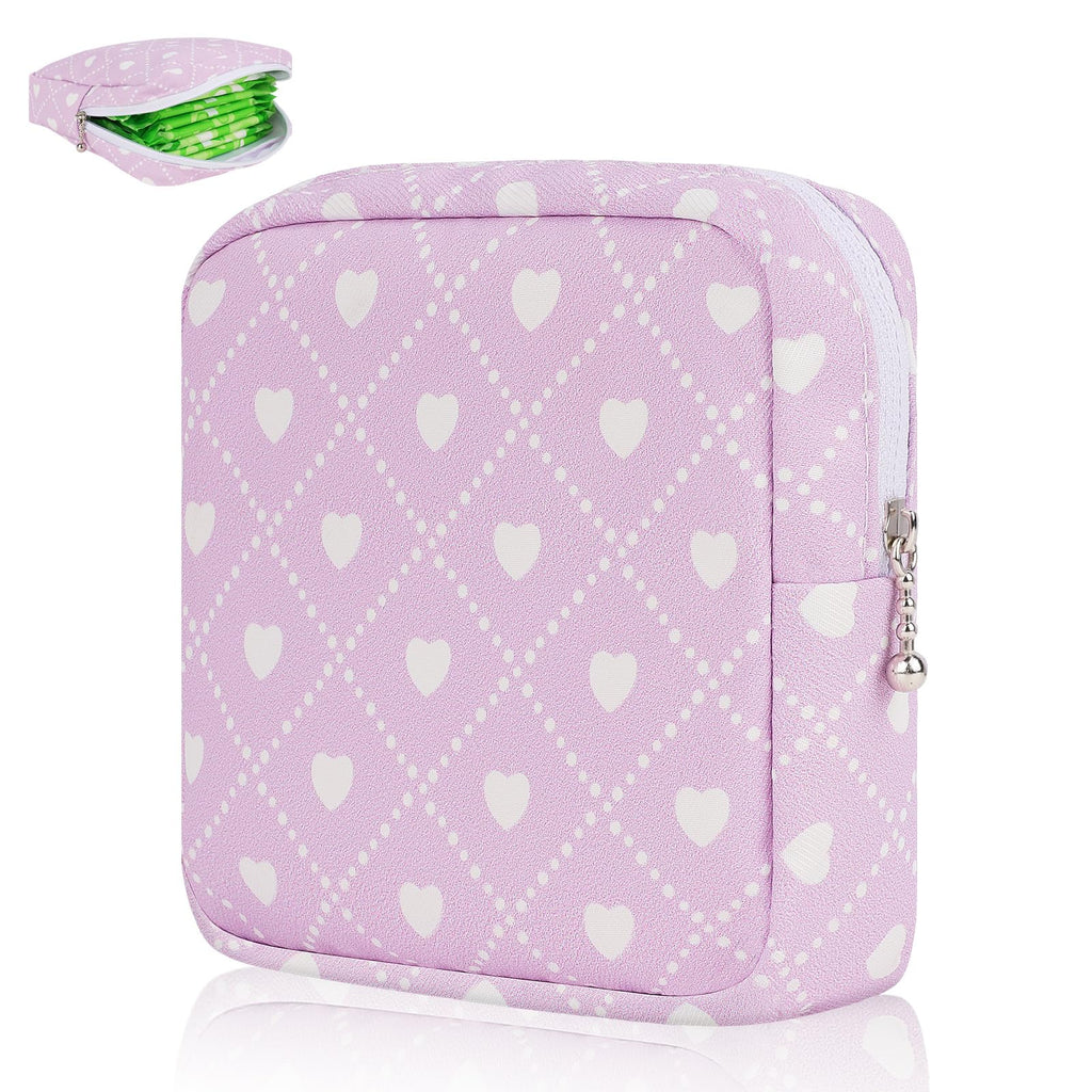 Desing Wish Sanitary Pad Storage Bag Portable Period Bag for Teen Pads/Sanitary Napkins/Small Tampons, Sanitary Napkin Storage Bag First Period Gifts for Teen Girls (Purple Hearts)