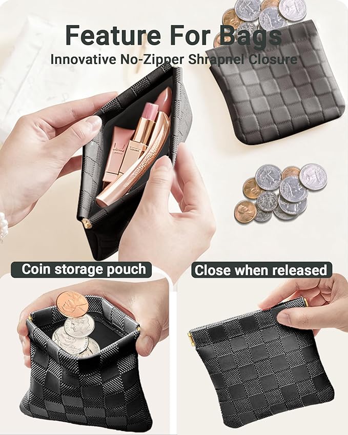 MXXUUOOM 2 Pack Small Makeup Bag for Purse Leather Cosmetic Pouch Organizer, Snap Closure Checkered Makeup Bag, Mini Lipstick Coin Pouch, Travel Makeup Organizer for Women(black)
