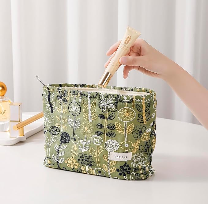 getgto 2 Pcs Makeup Bags, Large Cosmetic Bag Travel Toiletry Bag Organizer for Women, Embroidery Craft,Makeup Bag Small Cosmetic Pouch Purse with Zipper Gifts for Girls Teen