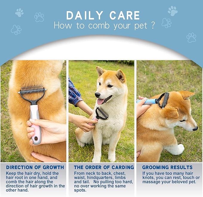 GOESWELL Pet Deshedding Brush - Undercoat Rake for Dogs & Cats - Double Sided Brush for Shedding and Dematting Comb Grooming Tool kit - Nail Clippers & Nail File (Blue(Rake +Comb))