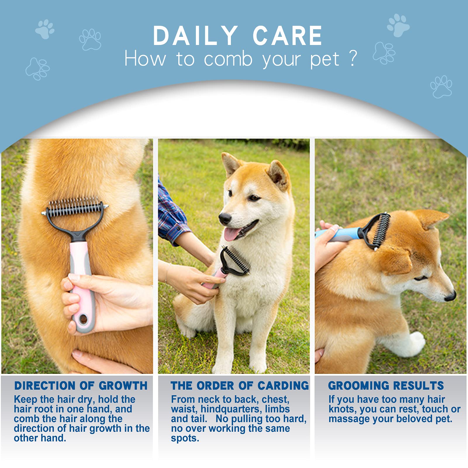 GOESWELL Pet Deshedding Brush - Undercoat Rake for Dogs & Cats - Double Sided Brush for Shedding and Dematting Comb for Dogs Grooming Tool kit - (Blue(Rake +Comb))