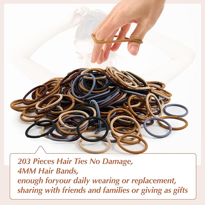 203 Pieces Hair Ties No Damage, 4MM Elastic Hair Ties, Medium Size Ponytail Holders for Women and Girls, Multicolor (5 Colors (Brown Tones))