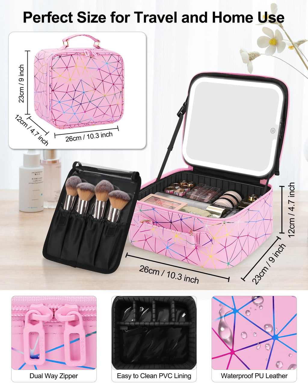 Relavel Travel Makeup Bag with LED Mirror, Portable Cosmetic Train Case with 3 Color Lighted Brightness Mirror, Makeup Artist Organizer Storage with Adjustable Dividers Make Up Box - Pink Geometric