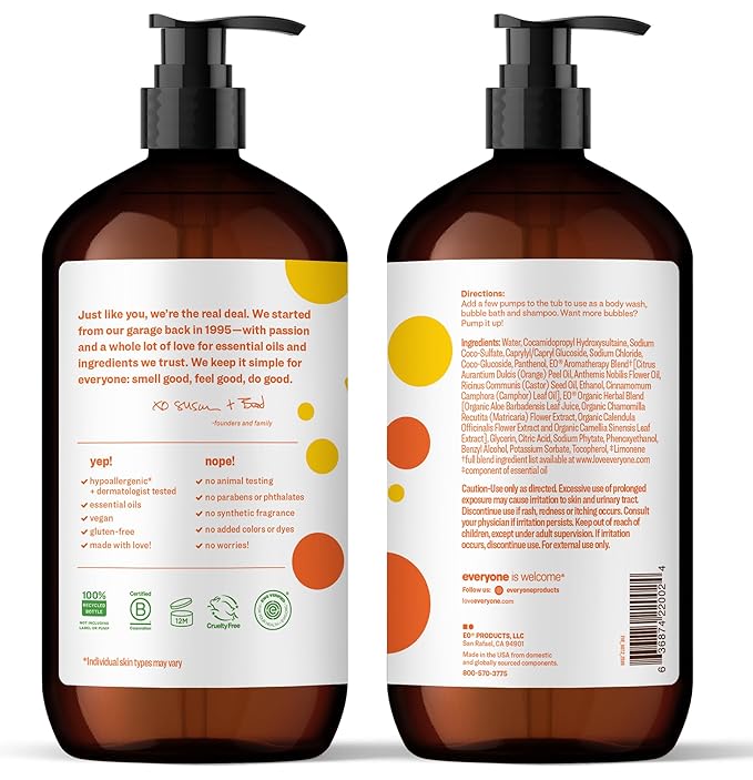 Everyone 3-in-1 Kids Soap, Body Wash, Bubble Bath, Shampoo, 32 Ounce (Pack of 2), Orange Squeeze, made with Essential Oils for Toddlers, tweens and teens