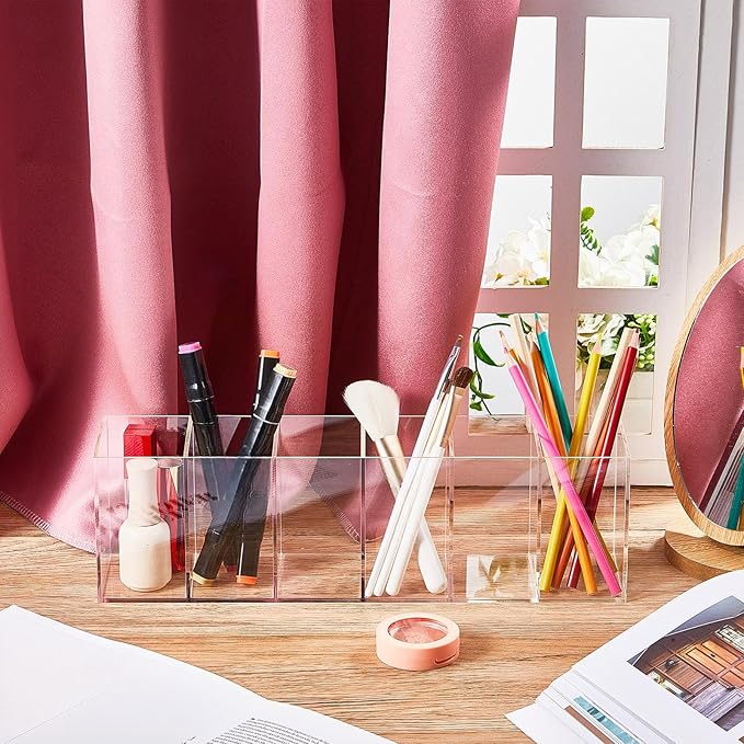 Juexica 4 Pack Clear Pencil Holder Acrylic 6 Compartments Makeup Brush Organizer Pencil Cup Stationery Holder for Desk Accessories Cosmetic Brush Storage Box for Office Dorm Bathroom Kitchen