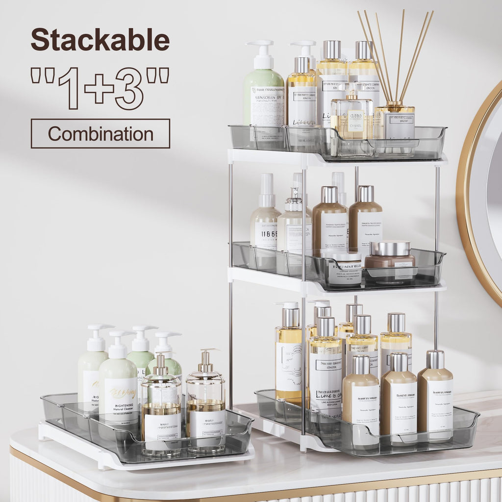 Delamu 2-Tier Multi-Purpose Bathroom Under Sink Organizers and Storage, Stackable Kitchen Pantry Organization, Pull Out Medicine Cabinet Organizer with Movable Dividers, Grey, 4 Pack