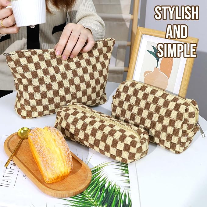 Gocvo 3 Pcs Makeup Bag Cosmetic Bag Set for Girls Women Checkered Travel Organizer Bathroom Toiletry Pouch Large Capacity Storage Bag (Brown)