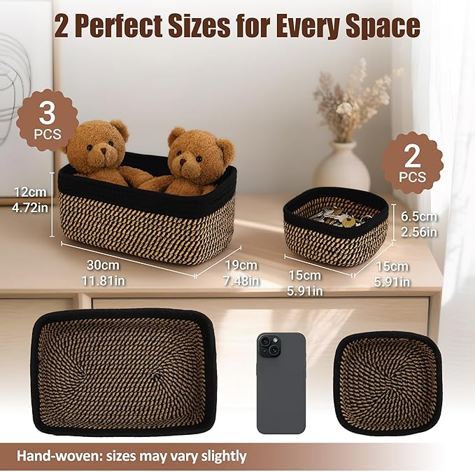 VIRETH HAUS 5-Pack Small Woven Rope Storage Baskets – 2 Sizes Organizer Bins for Closet, Shelf, Bookshelf, Nursery, Changing Table, Fabric Cube Boxes, Rectangular Shallow Bins for Bathroom, Toy & Home